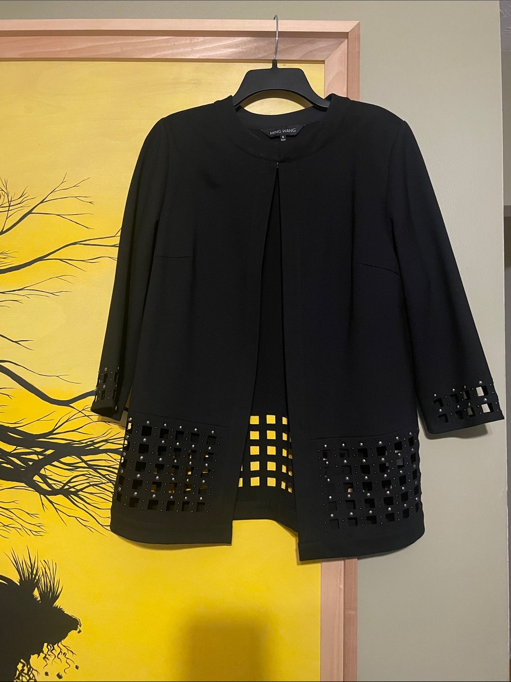 Ming Wang Black Open Front Jacket with Cutout Stud Detail